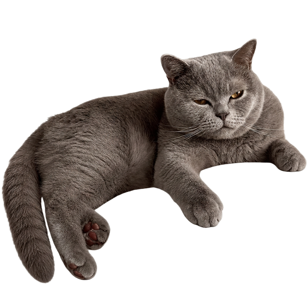 NEKO mascot — a fluffy grey British Shorthair cat.